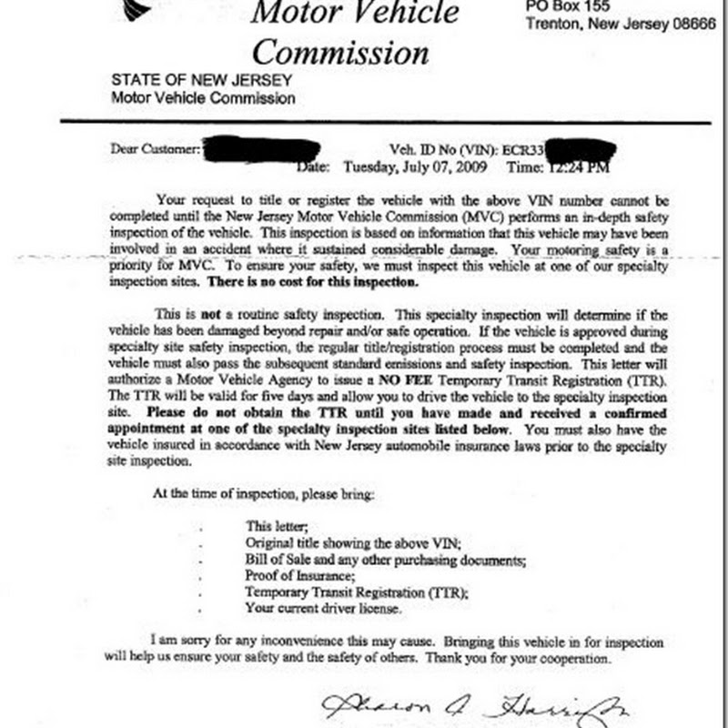 Letter From New Jersey DMV Requesting Vehicle Inspection on Nissan